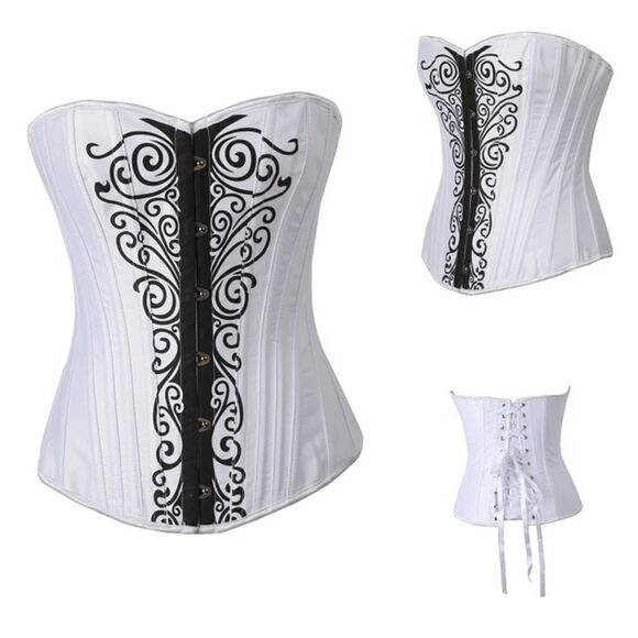 Over Bust White Corset Engagement Attire with Black Filigree Designs - Picture 5 of 8